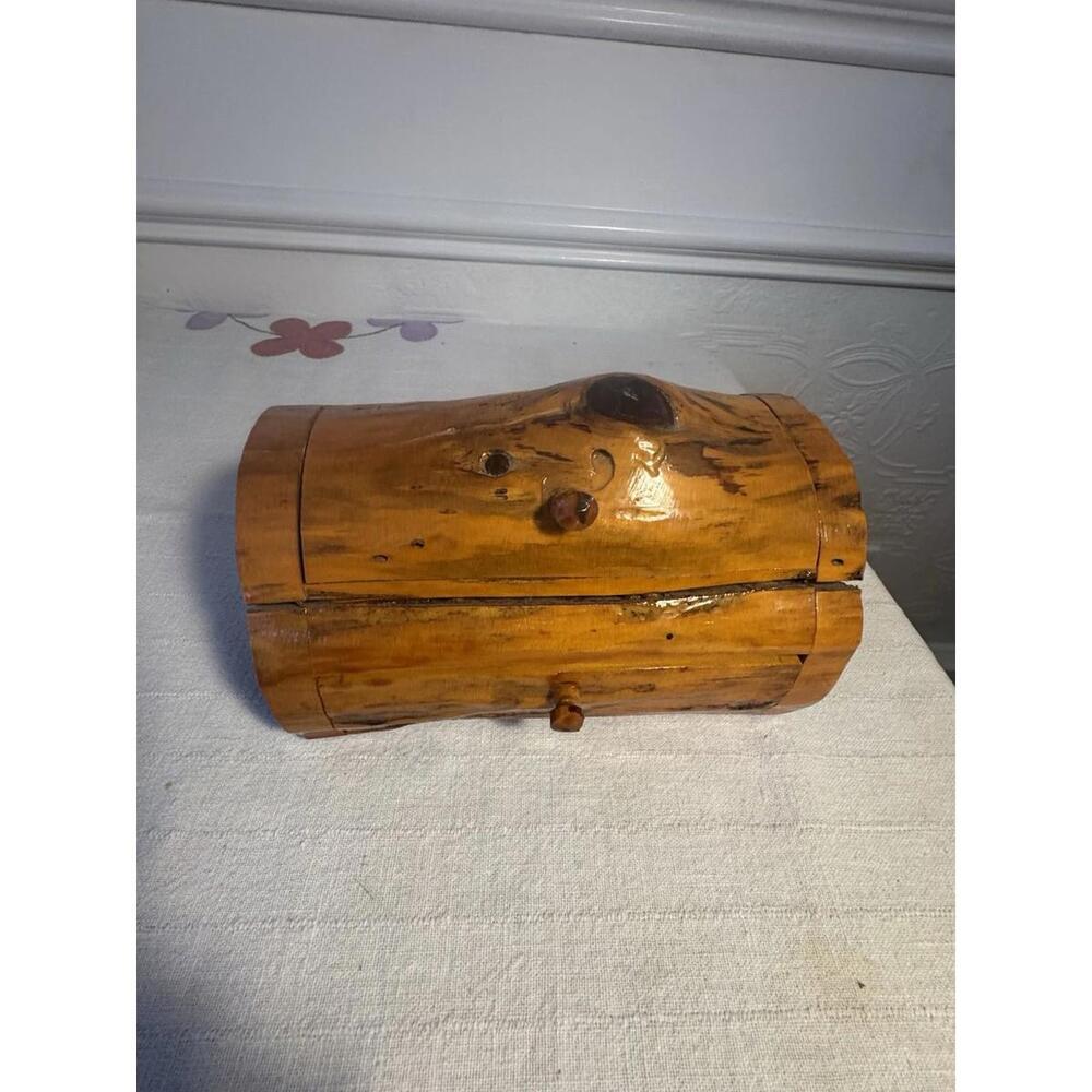 WOODEN Log Hand Made CARVED Jewelry TRINKET Stash BOX DRAWER Vintage